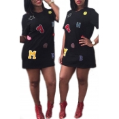 Lovely Casual O Neck Letter Printed Patchwork Blac