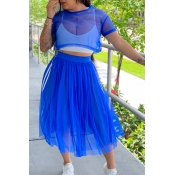 Lovely Sexy O Neck See-through Blue Two-piece Skir