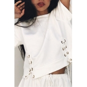 Lovely Casual O Neck Lace-up White Blouse