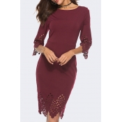 Lovely Casual O Neck Hollow-out Wine Red Knee Leng