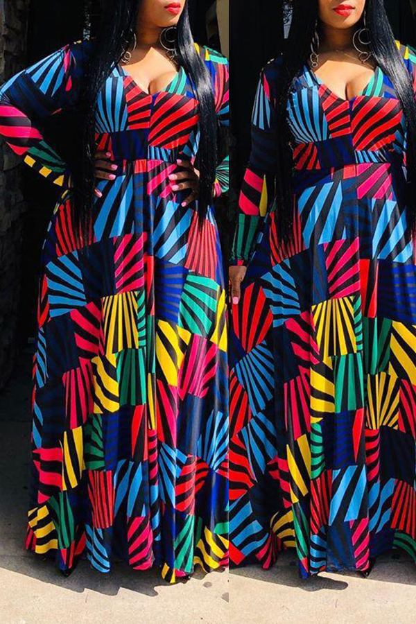 Lovely Bohemian V Neck Geometric Printed Dark Blue Floor Length A Line Plus Size Dress