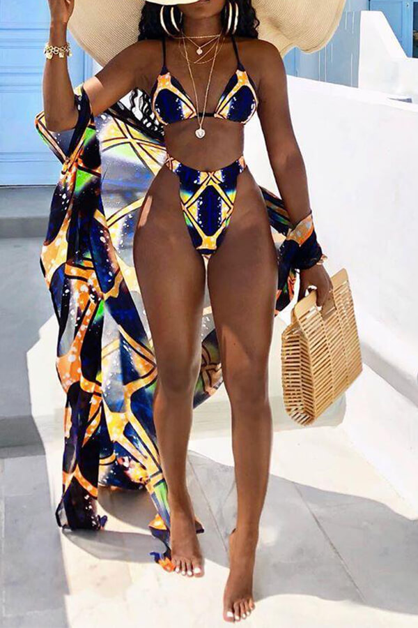 Lovely Printed Multicolor Two-piece Swimwear(With Shawl)