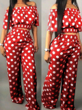 Lovely Sweet Off The Shoulder Dot Printed Red Two-piece Pants Set