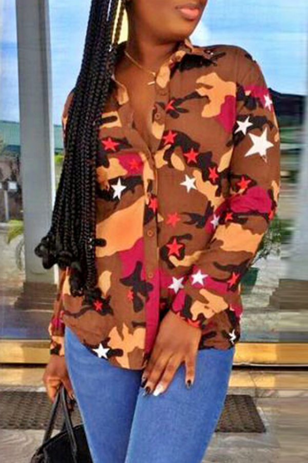 Lovely Casual Turndown Collar Camouflage Printed Brown Shirt