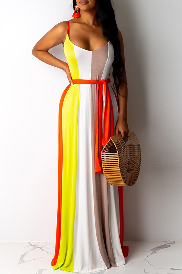 Lovely Casual Spaghetti Straps Striped Red Floor Length Printed Dress