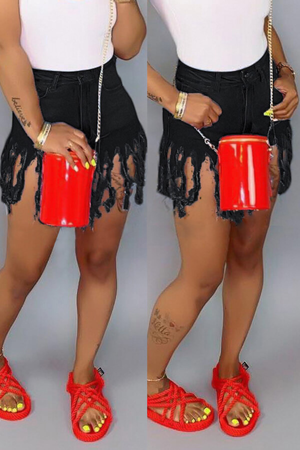 Lovely Casual Tassel Design Black Shorts