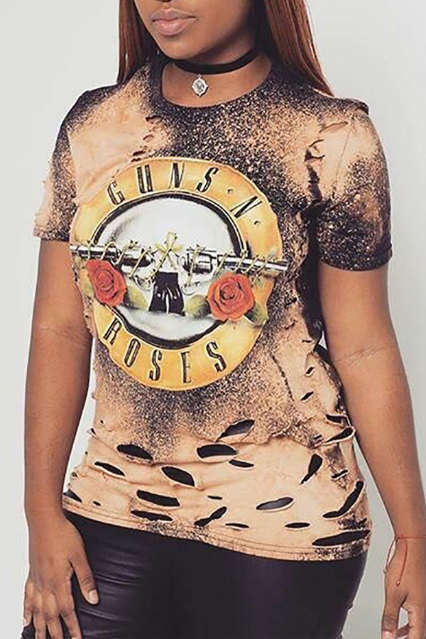 Lovely Casual Printed Khaki T-shirt