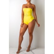 Lovely Sexy Off The Shoulder Yellow Denim Bodysuit