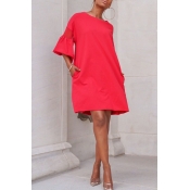 Lovely Sweet O Neck Flare Sleeve Red Knee Length A