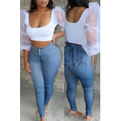 Lovely Sweet U Neck Gauze Patchwork White Blouse