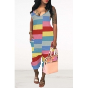 Lovely Casual V Neck Striped Patchwork Pink One-pi
