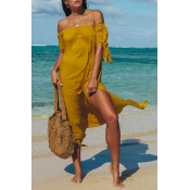 Lovely Stylish Off The Shoulder Side Split Yellow 