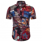 Lovely Bohemian Turndown Collar Printed Red Shirt