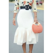 Lovely Stylish Ruffle Design White Mid Calf Skirt