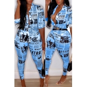 Lovely Casual V Neck Letter Printed Blue Two-piece