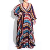 Lovely Bohemian Striped Dark Blue Floor Length Dre