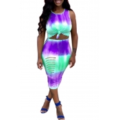 Lovely Casual O Neck Tie-dye Hollow-out Purple Mid
