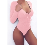 Lovely Sexy V Neck Drawstring Design Light Pink Bo