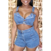 Lovely Casual Spaghetti Straps Blue Two-piece Shor