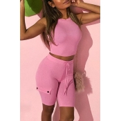 Lovely Casual O Neck Pink Two-piece Shorts Set