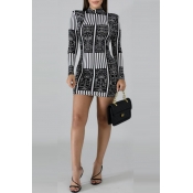 Lovely Stylish Mandarin Collar Printed Grey Mini D