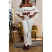 Lovely Casual Off The Shoulder Ruffle White One-pi
