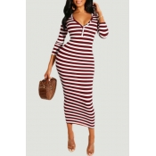 Lovely Casual V Neck Striped Wine Red Mid Calf Dre