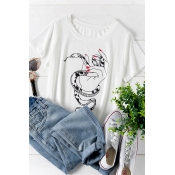 Lovely Casual O Neck Printed White Plus Size T-shi