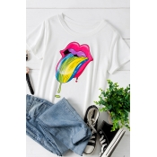 Lovely Casual O Neck Lip Printed White Plus Size T