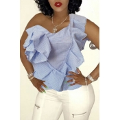 Lovely Trendy One Shoulder Flounce Design Baby Blu
