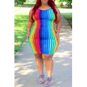 Lovely Casual Rainbow Striped Multicolor Knee Leng