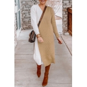 Lovely Color-lump Patchwork Khaki Long Sweaters
