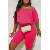 Lovely Casual Dew Shoulder Rose Red Two-piece Shor