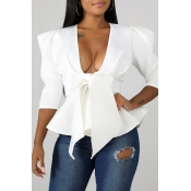 Lovely Trendy Flounce Design Bow-Tie White Blouse