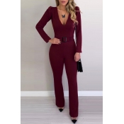 Lovely Temperament V Neck Wine Red One-Piece Jumps