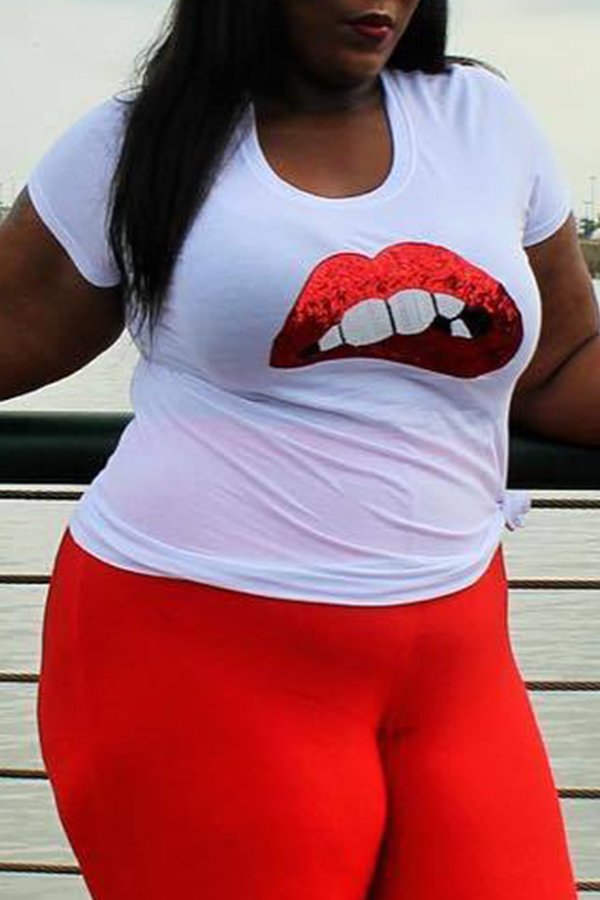 Lovely Casual Lip Printed White Plus Size T-shirt