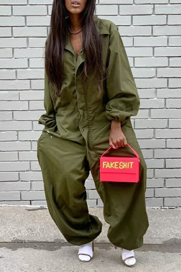 Lovely Casual Turndown Collar Buttons Decorative Army Green One-piece Jumpsuit
