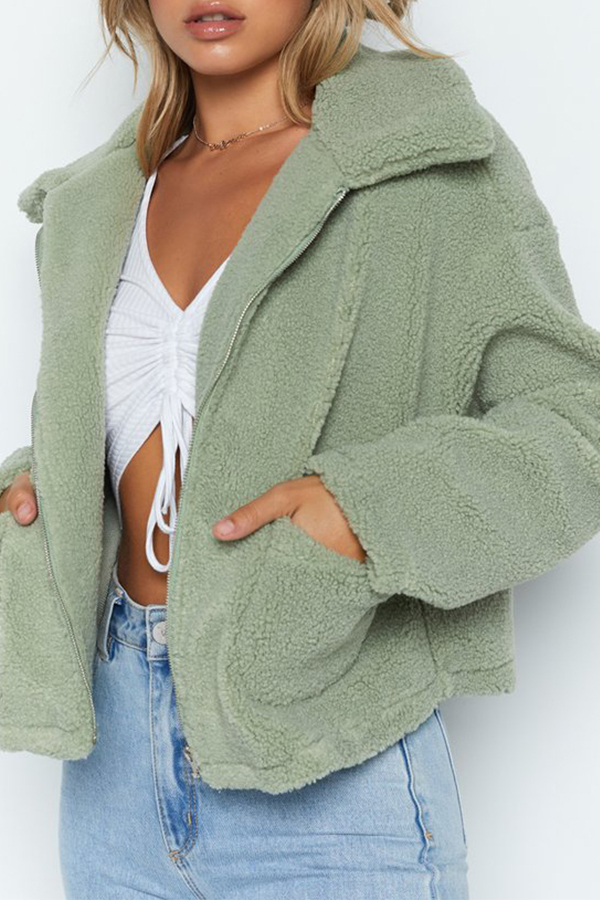 Lovely Casual Turndown Collar Zipper Design Green Coat