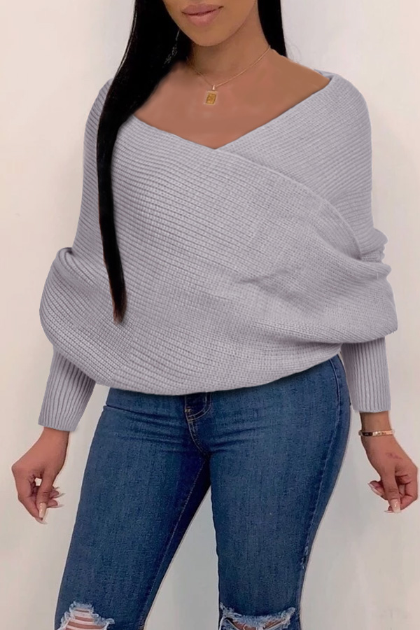 Lovely Leisure Cross-over Design Grey Sweaters