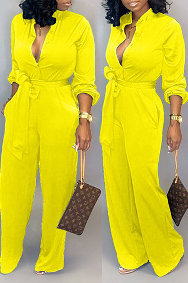 Lovely Work Lace-up Loose Yellow One-piece Jumpsuit