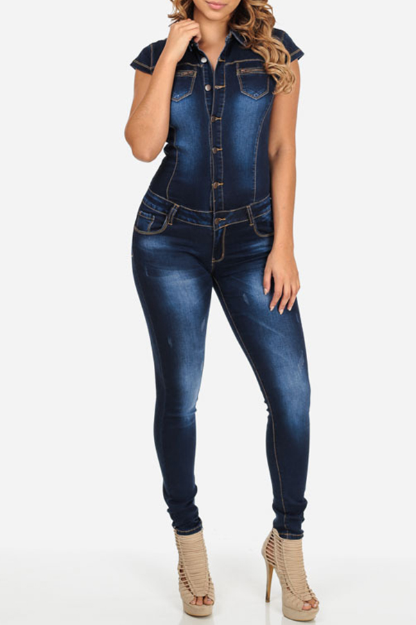 Lovely Casual Skinny Blue Denim One-piece Jumpsuit