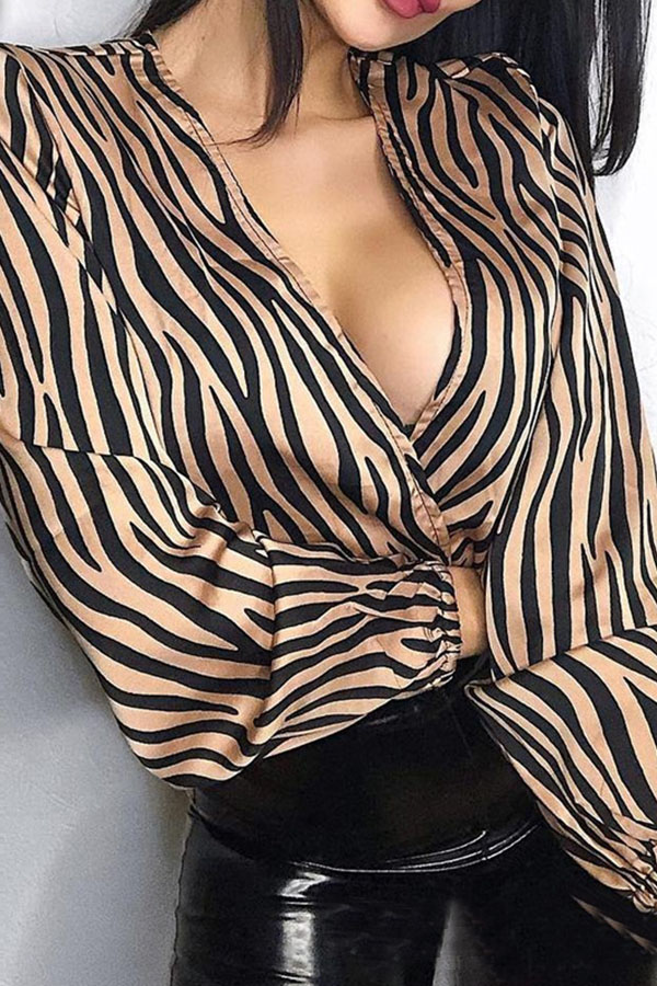 Lovely Work Deep V Neck Striped Brown Blouse