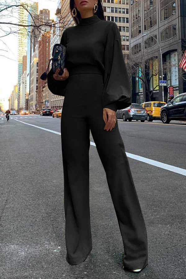 Lovely Casual Puff Sleeves Black One-piece Jumpsuit