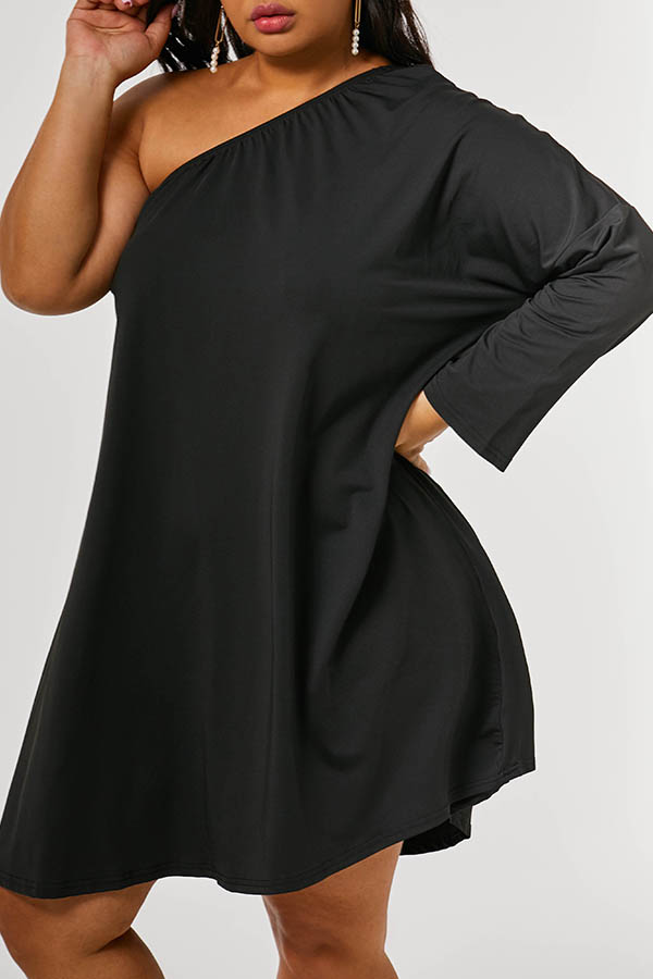 Lovely Plus Size Casual One Shoulder Black Knee Length Dress