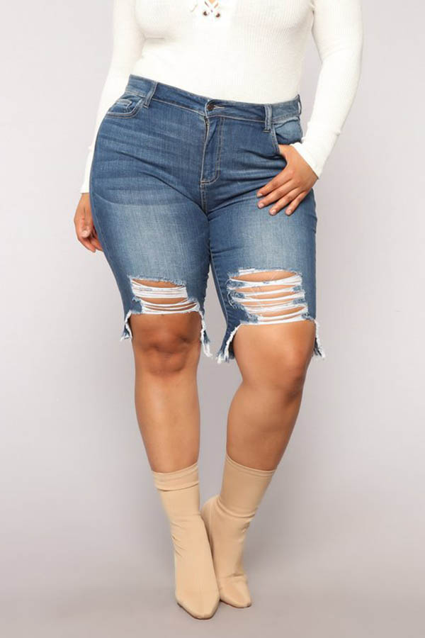 LW Plus Size Trendy Broken Holes Blue Shorts