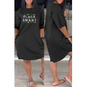 LW Casual Letter Printed Black Knee Length Dress