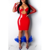 Lovely Sexy Hollow-out Red Knee Length Dress