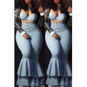 Lovely Leisure Flounce Design Blue Two-piece Pants