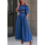 Lovely Casual Off The Shoulder Ruffle Design Blue 