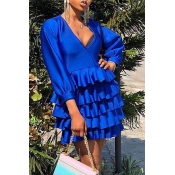 Lovely Chic Flounce Design Royal Blue Mini Dress